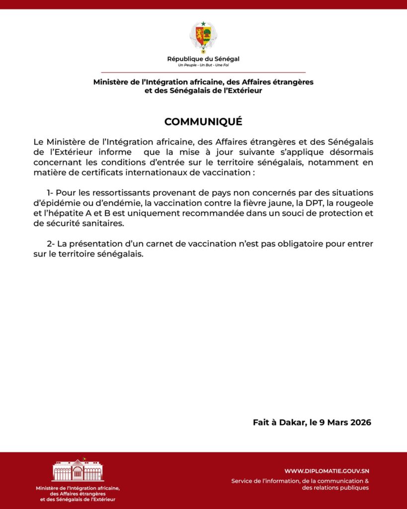 Vaccin contre la fièvre jaune au Sénégal : le communiqué officiel des autorités